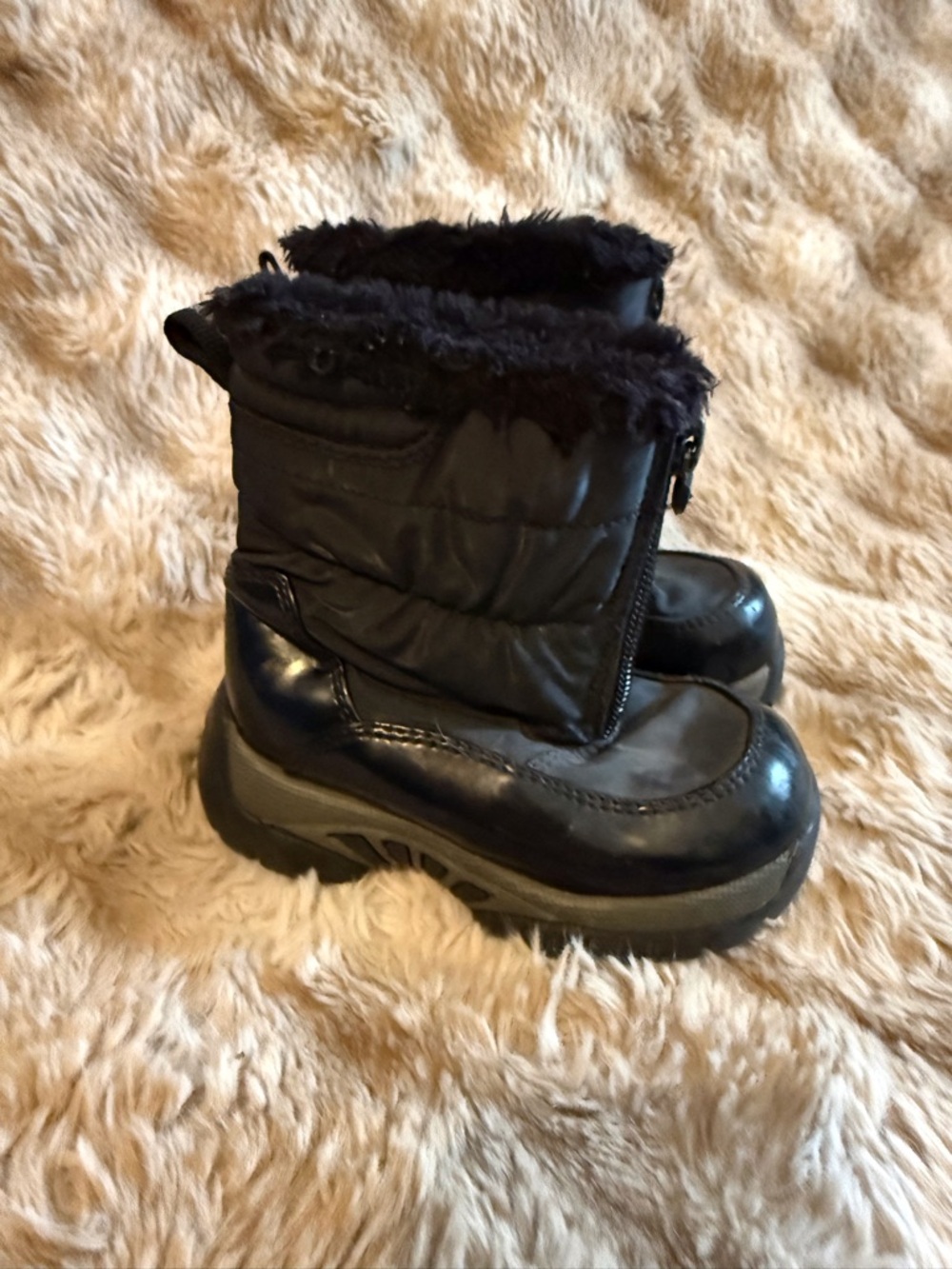 Kids Black Faux-Fur Lined Snow Boots with Side Zipper